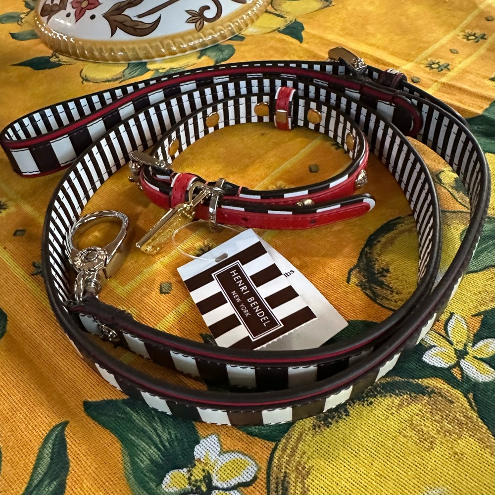 Vintage NWT Henri Bendel Centennial Stripe Safianno Leather Pet Collar Leash Set